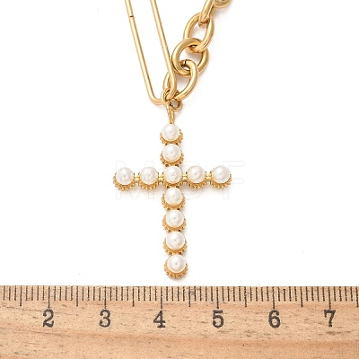 304 Stainless Steel & ABS Plastic Imitation Pearl Cross Pendant Necklaces NJEW-S442-09G-1