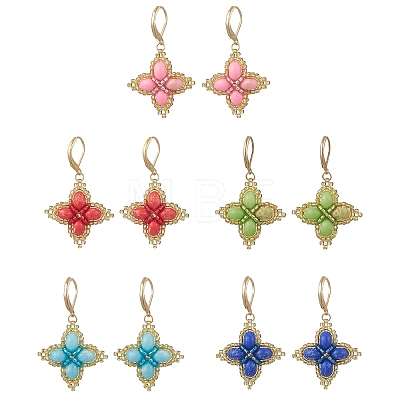 Clover Glass Seed & Synthetic Imperial Jasper Woven Leverback Earrings EJEW-MZ00658-1