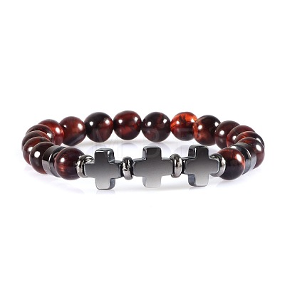 Volcanic Lava Stone Beaded Bracelet with Cross Pendant Tiger Eye Yoga ED3000-10-1