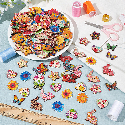  5 Style 2-Hole Printed Wooden Buttons Sets WOOD-NB0002-56-1