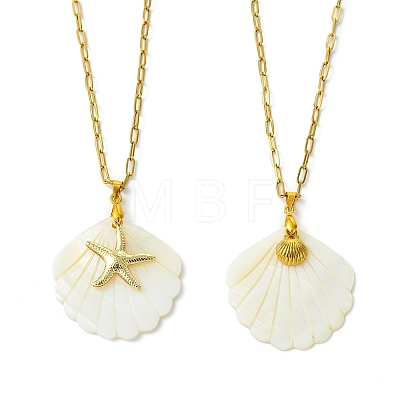 2Pcs 2 Styles Natural Shell and 304 Stainless Steel Starfish and Shell Shape Pendant Paperclip Chain Necklaces for Women NJEW-JN06215-1