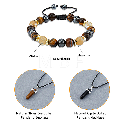 FIBLOOM Natural Mixed Gemstone Bullet Pendant Necklaces & Braided Bead Bracelet SJEW-FI0001-12-1