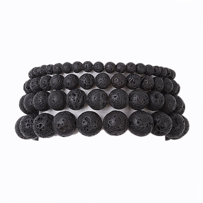 4Pcs Round Natural Lava Rock Beads Stretch Bracelets BJEW-JB10965-1