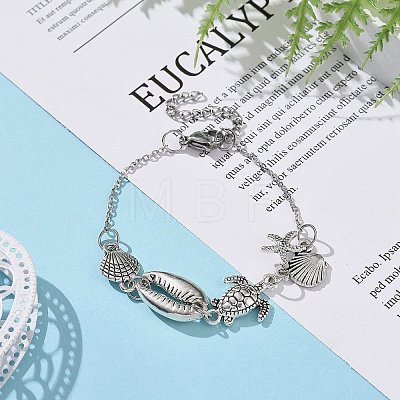Shell & Starfish & Turtle Alloy Charm Bracelet for Women BJEW-JB09354-1
