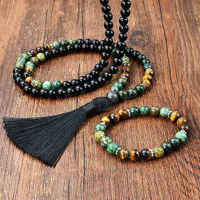 Glass & African Turquoise(Jasper) & Tiger Eye Round Rosaries Beaded Tassel Pendant Necklaces & Bracelets Sets FS-WGB975F-03-1