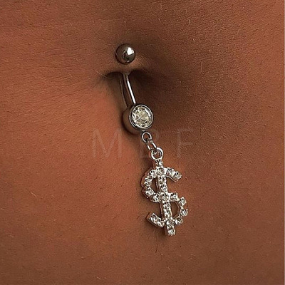 Brass Crystal Rhinestone Dollar Sign Dangle Belly Rings WG58494-02-1