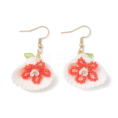 Glass Seed & Clam Shell & Resin Imitation Pearl Woven Dangle Earrings EJEW-MZ00659-1