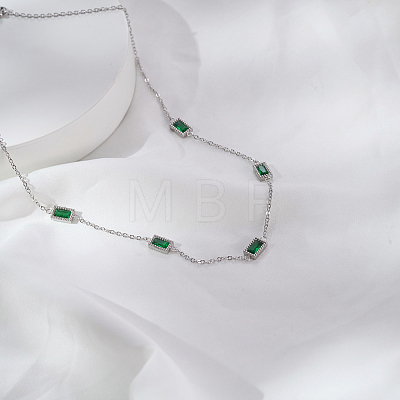 Elegant 304 Stainless Steel Pave Rectangle Green Cubic Zirconia Link Chain Necklaces for Women FB8248-1-1