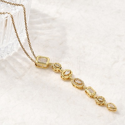 Brass Pave Cubic Zirconia Geometirc Pendant Rectangle Y Tassel 201 Stainless Steel Chain Necklaces NJEW-C111-01B-1