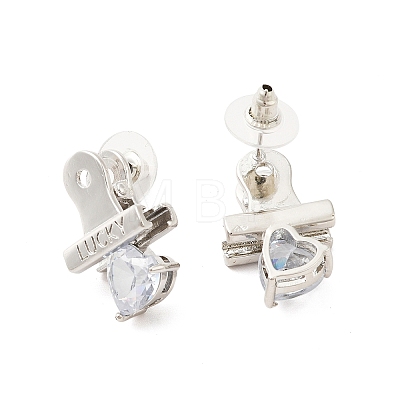Clear Cubic Zirconia Heart Clasp Stud Earring with 925 Sterling Silver Pins EJEW-A084-02P-1