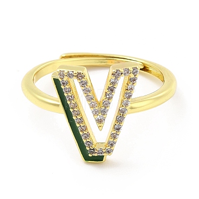 Mixed Color Enamel Initial Letter Adjustable Ring with Clear Cubic Zirconia RJEW-P045-01G-V-1
