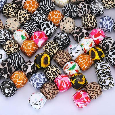 Colorful Pattern Printed Silicone Focal Beads SI-JX0022A-14-1
