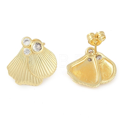 Rack Plating Shell Shape Brass Pave Clear Cubic Zirconia Stud Earrings for Women EJEW-Z059-07G-1