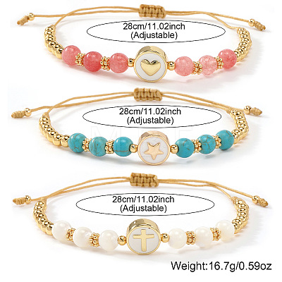 3Pcs Minimalist Adjustable Synthetic Turquoise & Watermelon Stone Glass & Natural Shell Beads Braided Bead Bracelets SR5600-5-1