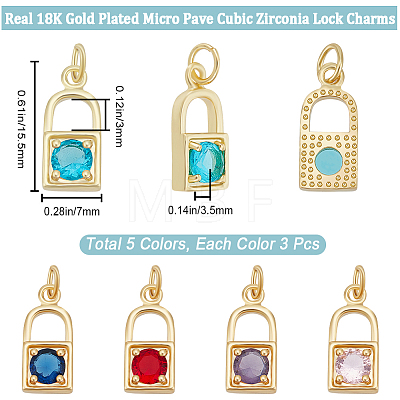 Beebeecraft 15Pcs 5 Colors Real 18K Gold Plated Brass Micro Pave Cubic Zirconia Charms ZIRC-BBC0002-32-1