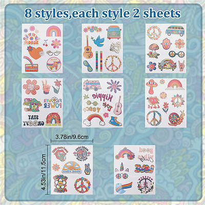 8 Sheets 8 Style Love and Peace Theme Paper Body Art Tattoos Stickers DIY-CP0007-55-1