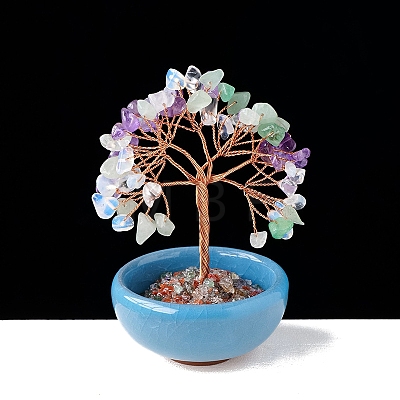 Natural & Synthetic Mixed Gemstone Chips Tree of Life Decorations with Bowl Base PW-WG1DC7A-13-1