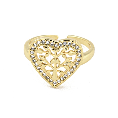 Rack Plated Brass Micro Pave Clear Cubic Zirconia Heart with Tree Open Cuff Ring for Women RJEW-Z039-01G-1