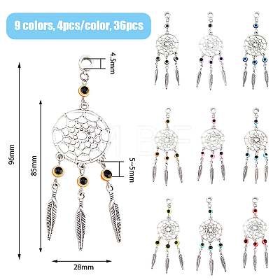 36Pcs 4 Colors Tibetan Style Alloy Woven Net/Web with Feather European Dangle Charms HJEW-AB00503-1