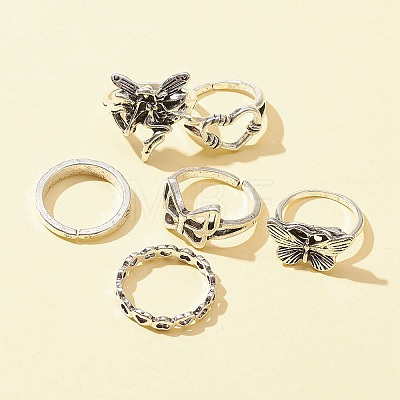 6Pcs 6 Style Butterfly & Heart & Chain Shape Alloy Stackable Rings Set RJEW-FS0001-05A-1