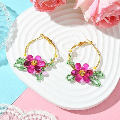 Woven Glass Leaf Huggie Hoop Earring EJEW-MZ00235-04-1