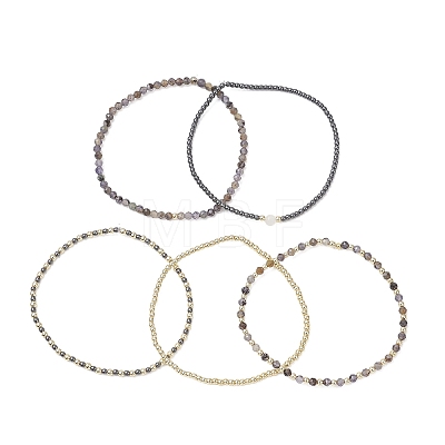 5Pcs 5 Styles Natural Rainbow Moonstone & Iolite & Non-magnetic Synthetic Hematite Beads Bracelets BJEW-JB13090-1