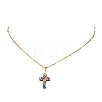 Natural Abalone Shell Religion Cross Pendant 304 Stainless Steel Cable Chain Necklaces for Women NJEW-JN06003-1