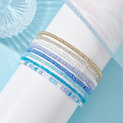 8Pcs 8 Color Glass Seed Beaded Stretch Bracelets Set for Women BJEW-JB09661-02-1