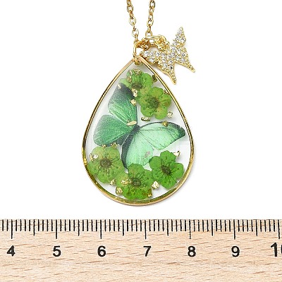 Transparent Epoxy Resin Teardrop & Brass Micro Pave Clear Cubic Zirconia Butterfly Pendant 304 Stainless Steel Cable Chain Necklaces for Women NJEW-JN06288-1