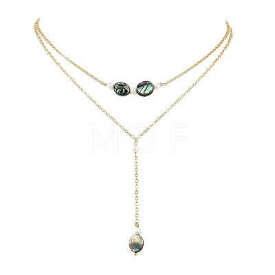 Natural Paua Shell Geometric Y Pendant Brass Double Layered Necklaces NJEW-JN06532-01-1