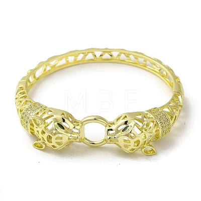 Brass Pave Clear & Green Cubic Zirconia Leopard Hinged Hollow Bangle for Women BJEW-K246-19F-G-1