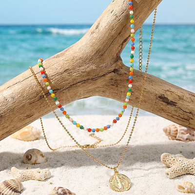 Boho Colorful Glass Seed Beaded Double Layer Necklaces with Stainless Steel Religion Saint Benedict Medal Pendant OL9548-1-1