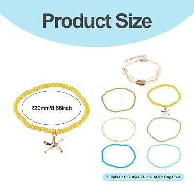 2 Bags Summer Beach Glass Seed Beaded & Natural Shell & Alloy Starfish Charm Anklet Sets AJEW-TA0003-69B-1