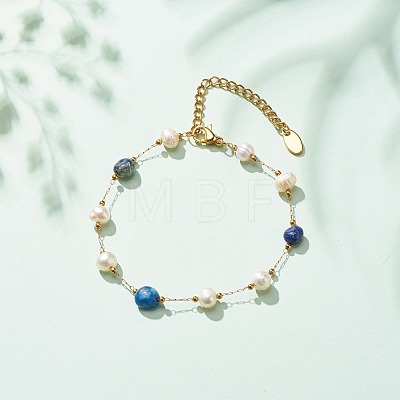 Natural Lapis Lazuli & Pearl Beaded Bracelet BJEW-JB08293-05-1