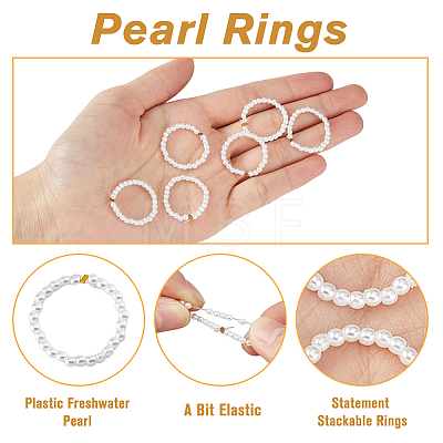 FIBLOOM 12Pcs Plastic Imitation Pearl & Brass Beaded Stretch Ring RJEW-FI0001-10-1