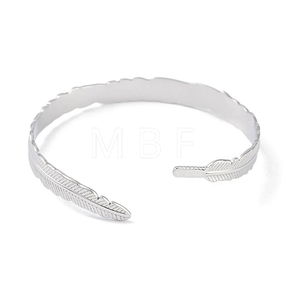 304 Stainless Steel Leaf Open Cuff Bangles for Women BJEW-C071-15P-1