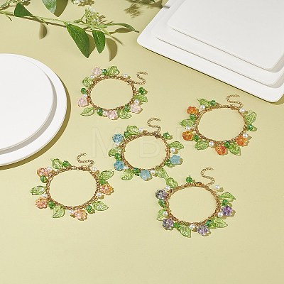 5Pcs 5 Color Glass Pearl & Flower & Acrylic Leaf Charm Bracelets Set BJEW-JB08908-1