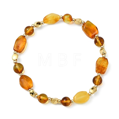 Natural Amber & Brass Beaded Stretch Bracelets for Women Men BJEW-JB13700-1