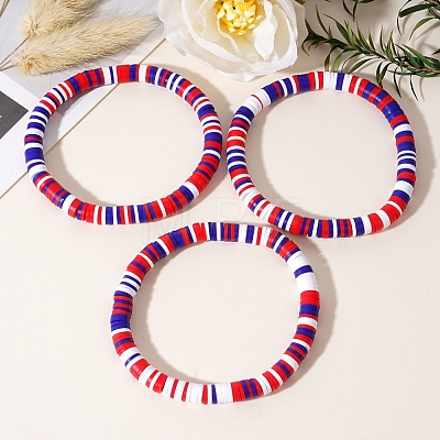 3Pcs Red White Blue Handmade Polymer Clay Heishi Beads Stretch Bracelets Set PW-WG85032-01-1