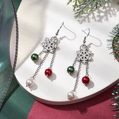 Glass with Alloy Enamel Snowflake Charm Dangle Earrings for Women EJEW-TA00559-1