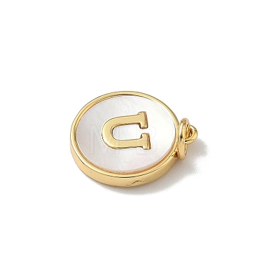 Brass Pave Natural Shell Flat Round with Letter Charms KK-Z115-13G-U-1