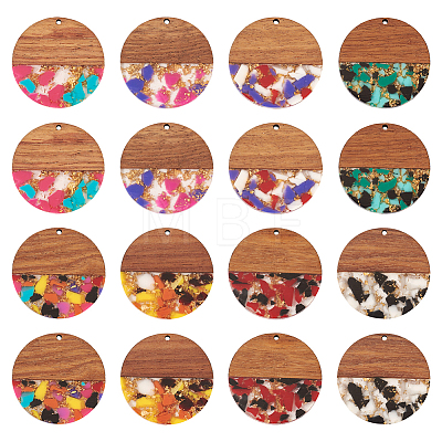 16Pcs 8 Colors Transparent Resin & Walnut Wood Pendants RESI-TA0002-10-1