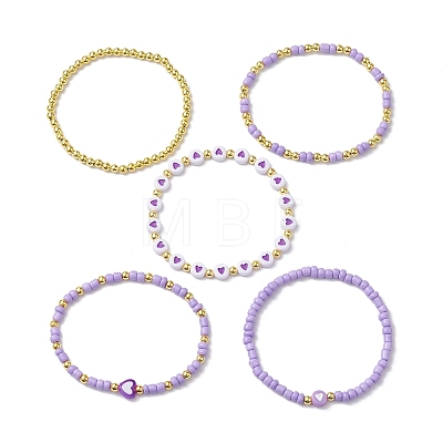 5Pcs 5 Styles Heart Acrylic & Glass Seed Beaded Stretch Bracelet Sets BJEW-JB10473-01-1