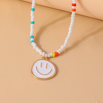 Alloy Enamel Smiling Face Pendant Glass Seed Beaded Necklaces for Women FS-WGD322E-06-1
