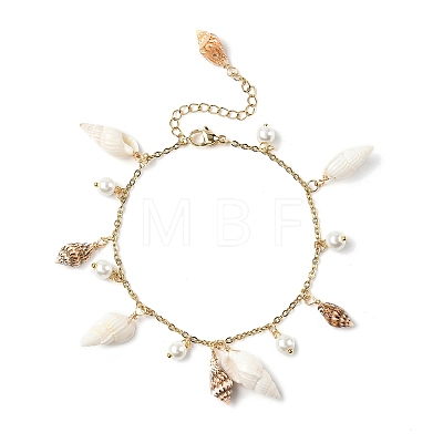Natural Spiral Shell & Glass Pearl Charm Anklets AJEW-AN00567-1