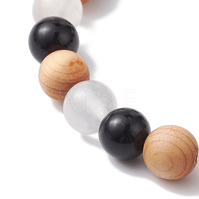 Natural Wood & Selenite & Eyeless Obsidian Beaded Stretch Bracelets BJEW-JB10115-02-1