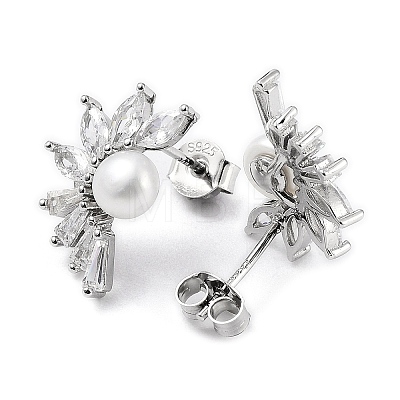 Cubic Zirconia Flower with Natural Pearl Stud Earrings EJEW-F318-13P-1