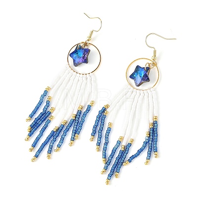 Star Glass Seed Beaded Dangle Tassel Earrings EJEW-MZ00777-1