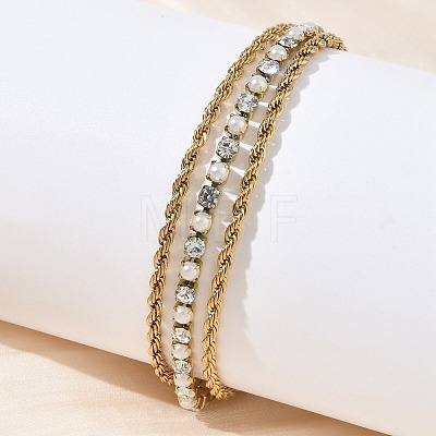 304 Stainless Steel & Rhinestone Rope Chain Double Layer Bracelets for Women BJEW-F540-07G-1