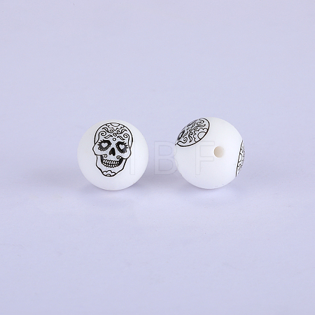 Printed Round with Skull Pattern Silicone Focal Beads SI-JX0056A-196-1